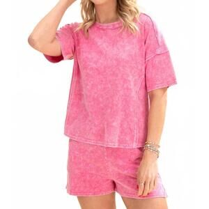 NEW VANILLA MONKEY halo snow washed short sleeve tee shorts set in pink